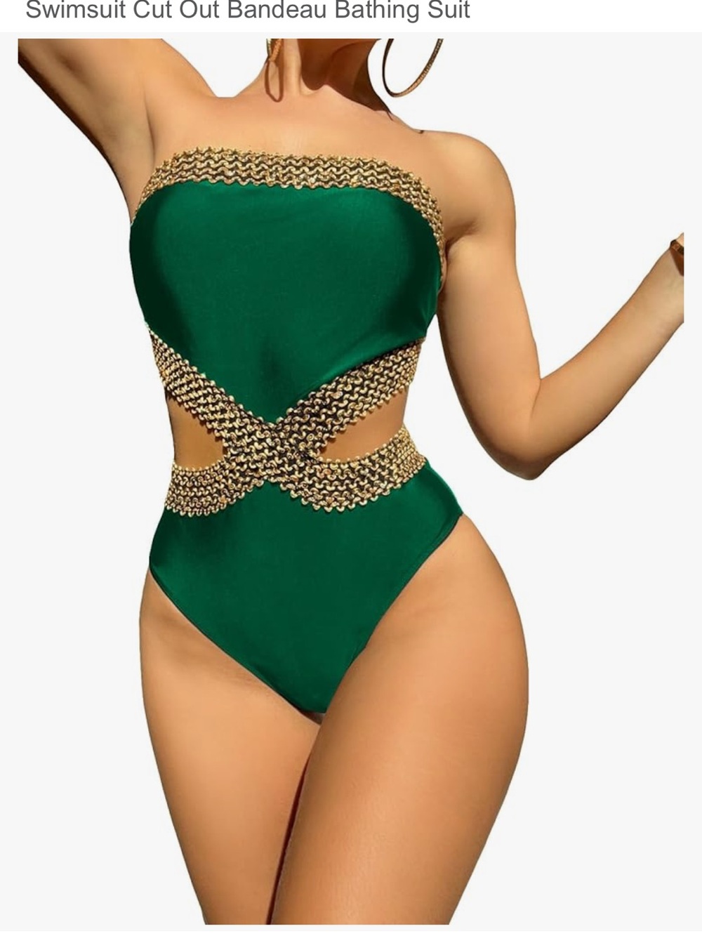 Gold-Trim Emerald Green Cutout Bandeau One-Piece Swimsuit